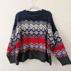 Aerie Navy Blue Colorful Fair Isle Chunky Knit Sweater Size Large
